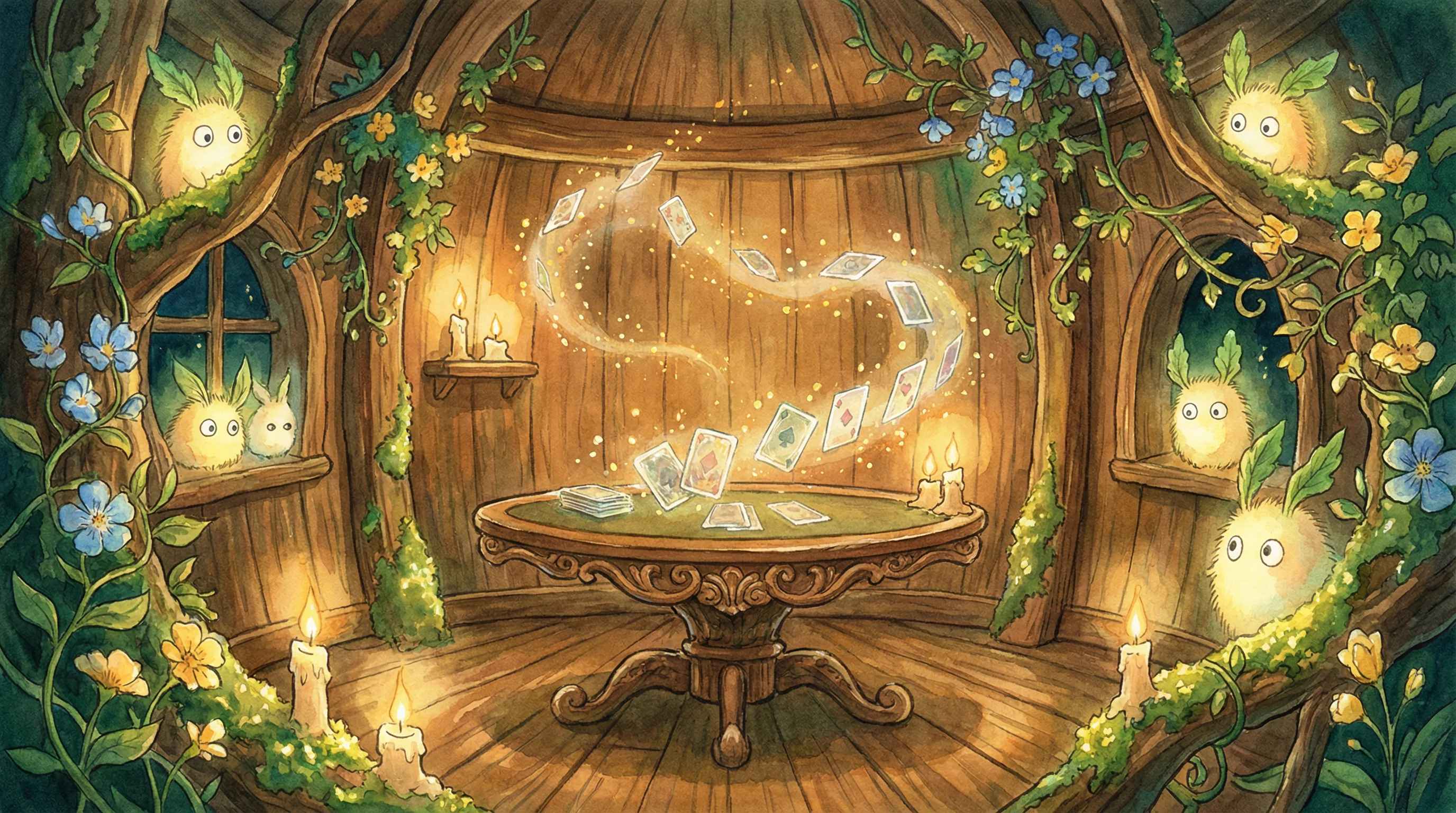 Mesa de blackjack em casa na árvore mágica com cartas flutuantes e velas